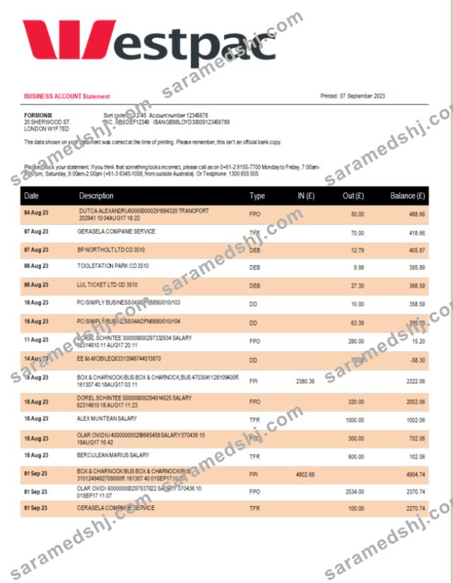 Westpac Bank organization statement Word and PDF template